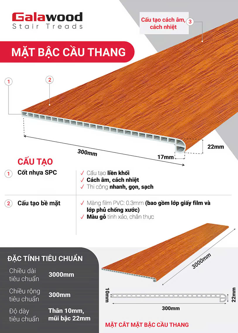Mặt Bậc Cầu Thang Nhựa Giả Gỗ Galawood MB-913